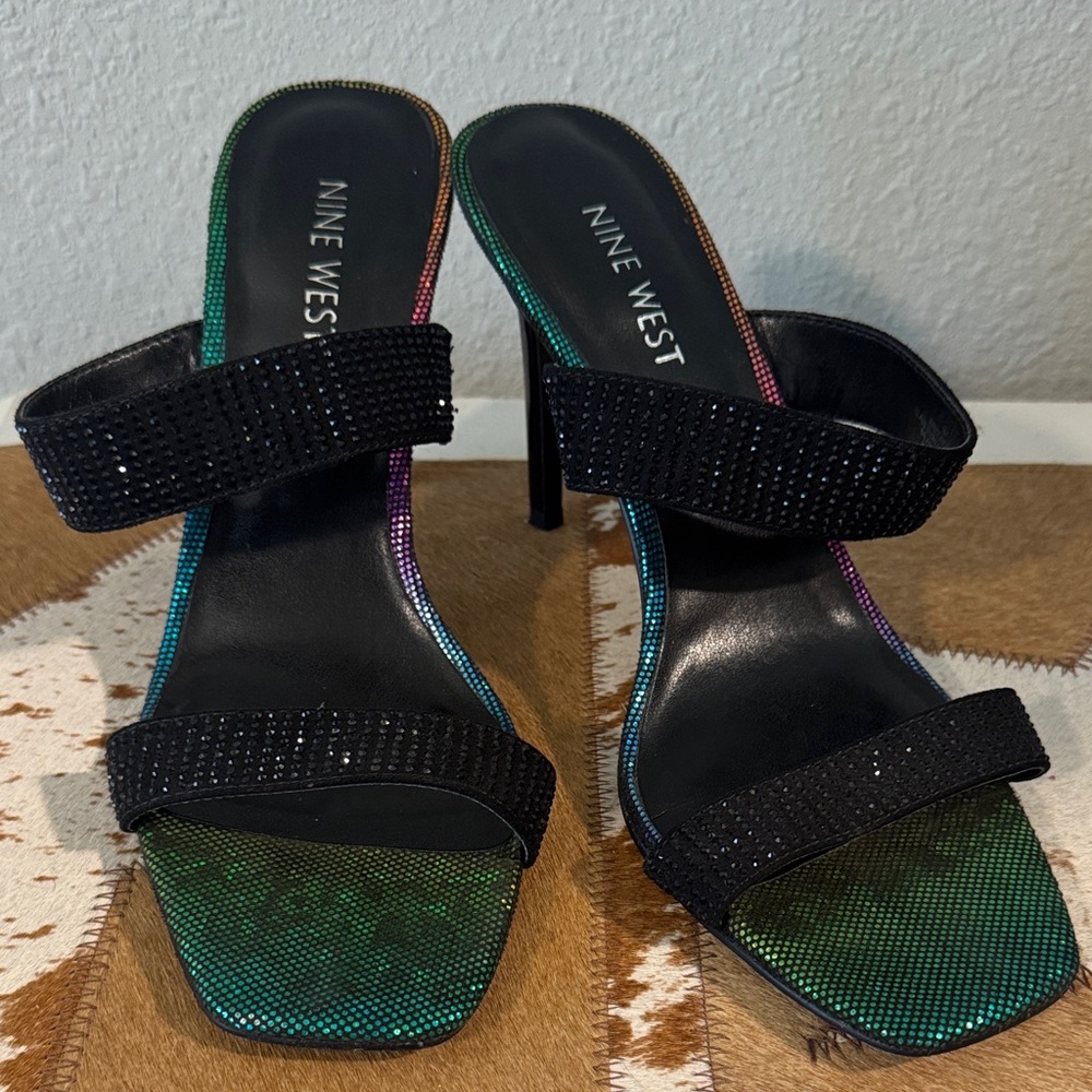 Nine West Rhinestone Black Heels with Iridescent Green-Blue Accents